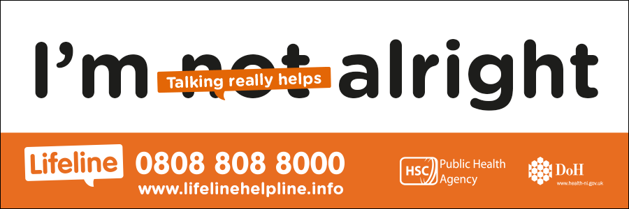 Lifeline web banner with words I'm not alright with 'Talking really helps' speech bubble over 'not'.