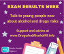 graphic show purple background and yellow text Exam results talk to young people now about drugs and alcohol risks 