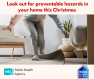 A person is tripping on a rug text says look out for preventable hazards in your home this Christmas. PHA logo and Home Accident Prevention logo 