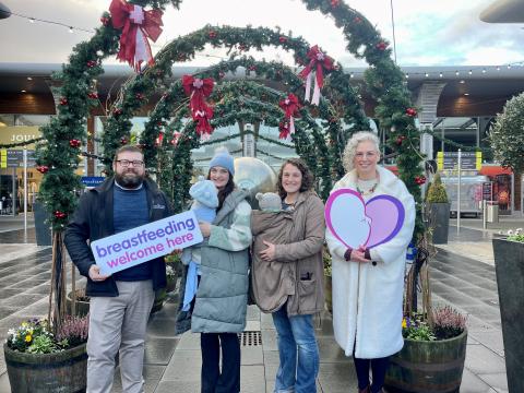 Andrew Hamilton, Operations Manager at The Boulevard with Kayleigh Harvey and her baby Sonny, Alicia Lappin and her baby Conor Óg and Dr Hannah McCourt, Senior Health and Social Wellbeing Improvement Officer at the Public Health Agency.