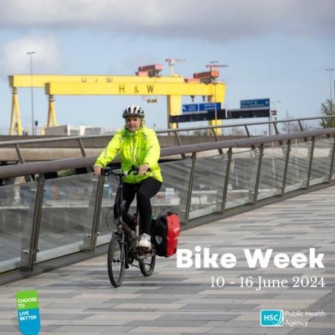 Image of woman on a bike with added text 'Bike Week 10 - 16 June 2024'