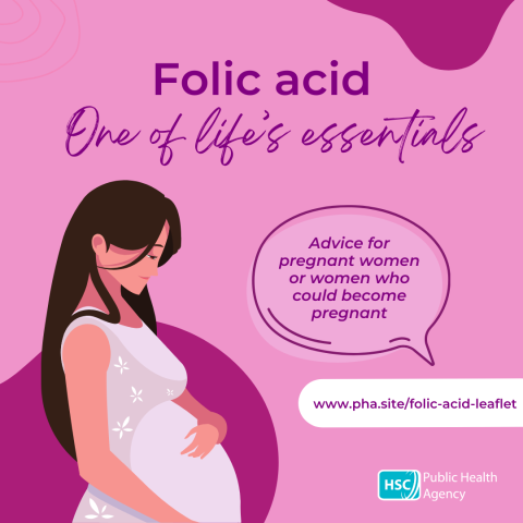 Illustrated graphic with added text 'Folic acid one of life's essentials. Advice for pregnant women or women who could become pregnant'