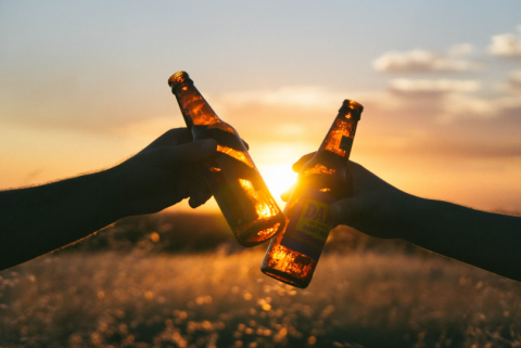 two hands cheering on with two bottles of beer