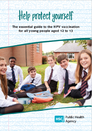 HPV leaflet cover showing young people in school uniform smiling to camera
