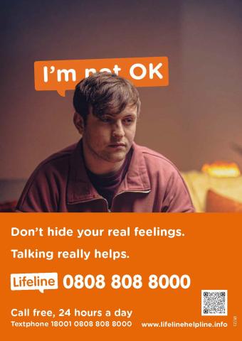 Image of Lifeline poster showing young man and contact details for Lifeline helpline