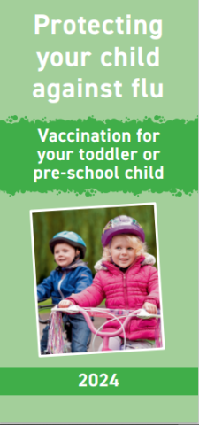 Protecting your child against flu leaflet cover image with school children in helmets on bikes