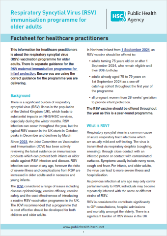 Front page of factsheet for health professionals on the RSV immunisation programme for older adults