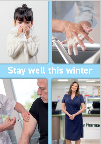 Stay well leaflet cover showing four pictures: a child covering a cough, hand washing, a male getting a vaccination and a female pharmacist.