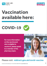 COVID-19 vaccine available here poster for pharmacy